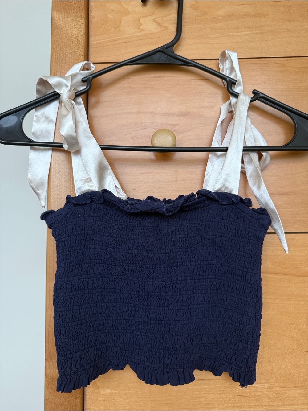 Katie J NYC Navy Smocked Crop Top with Ivory Tie Straps Going Out Top